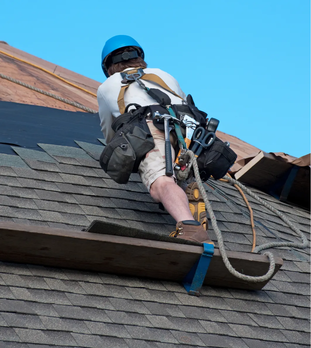 roofing-4 A construction worker in safety gear installs shingles on a steep roof using a harness and rope.